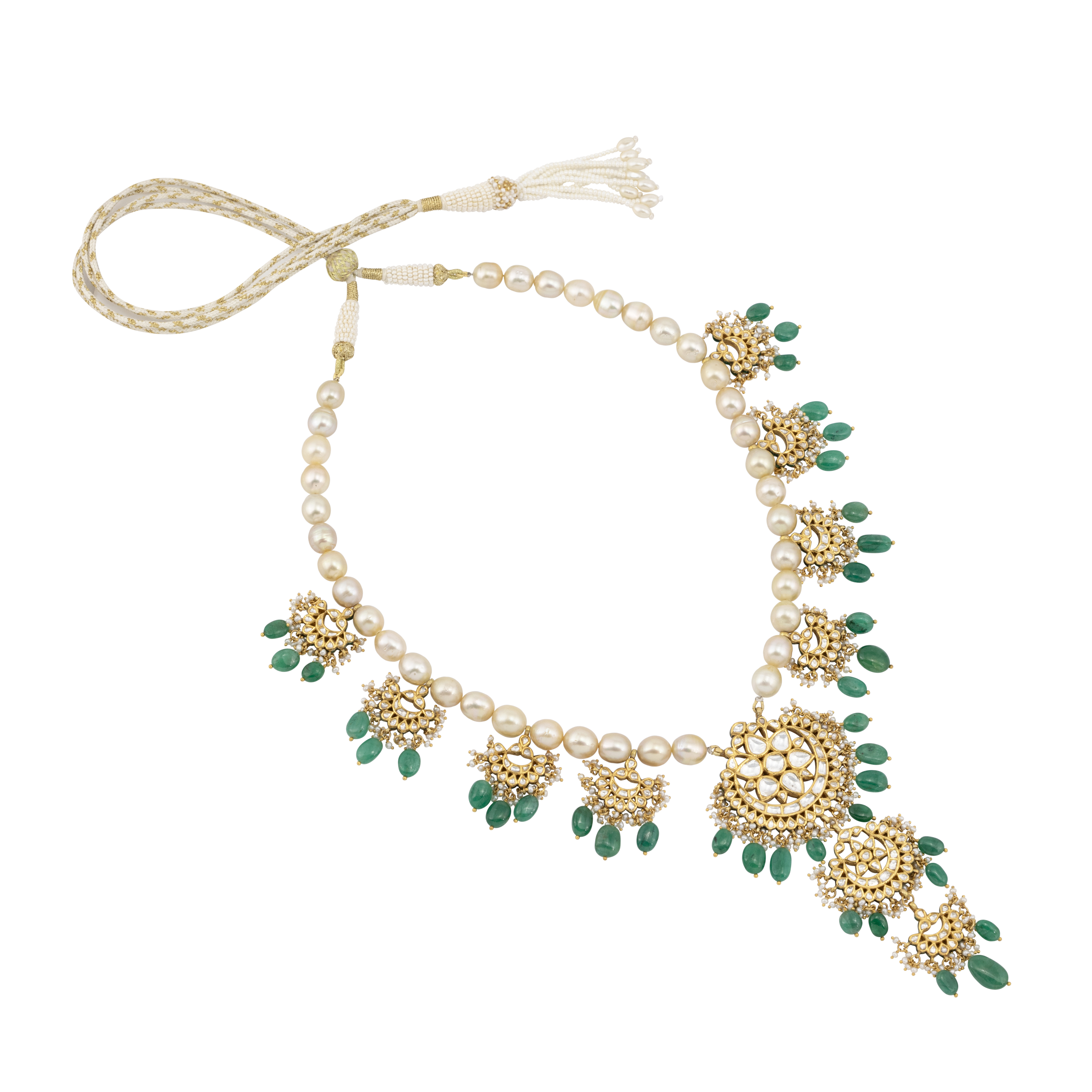 Pearl Chandbali Necklace with Emerald Drops